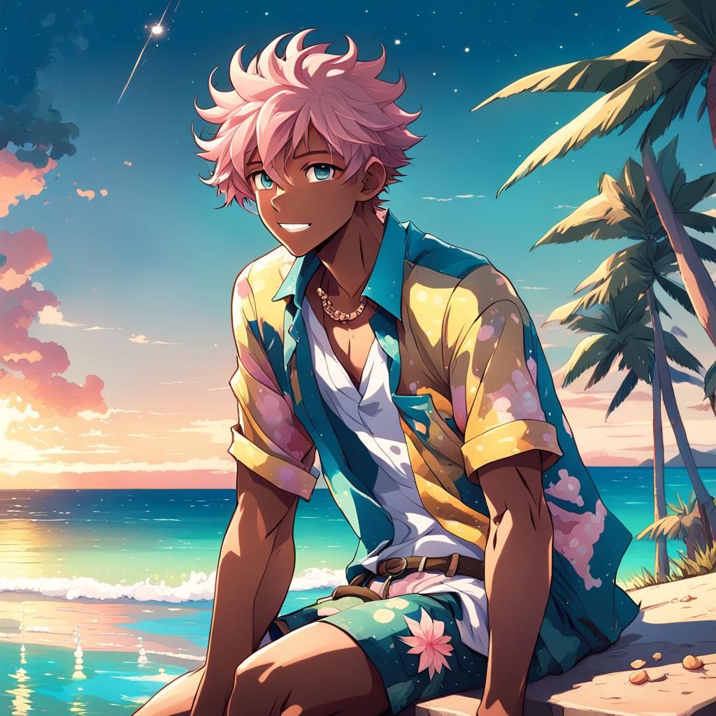 Boy with Pink Hair on Beach in Anime Style