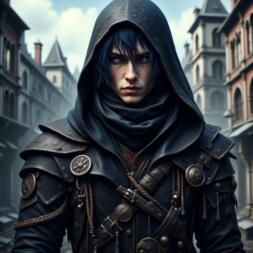 Hooded Rogue in Medieval City, Fantasy Art
