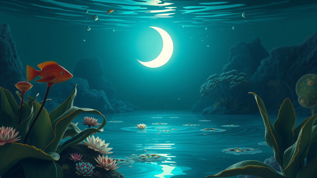Bioluminescent Crescent Moon Underwater in Magical Pond