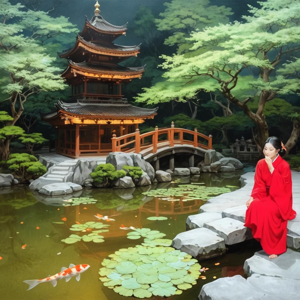 Charming Chalk Art: Woman, Pagoda, and Koi Pond