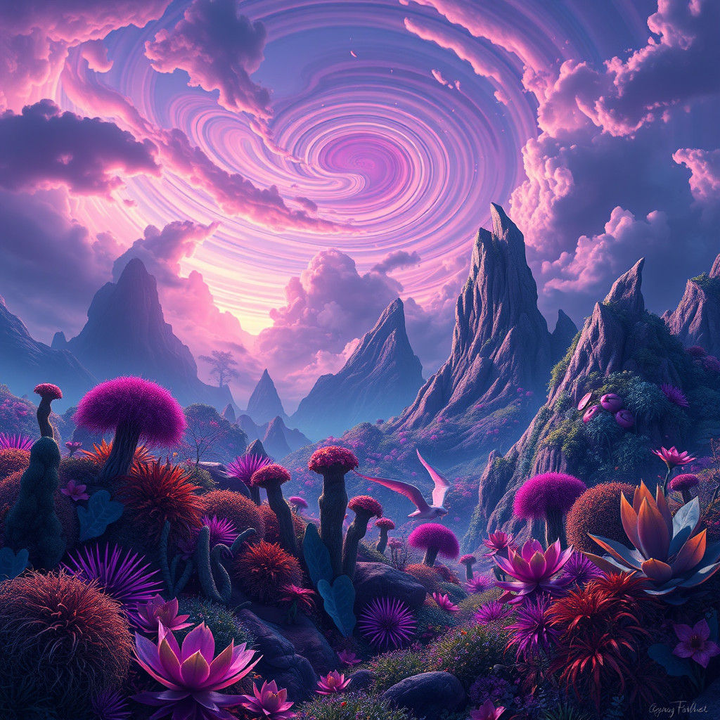 Iridescent Flora and Fauna in a Swirling Landscape