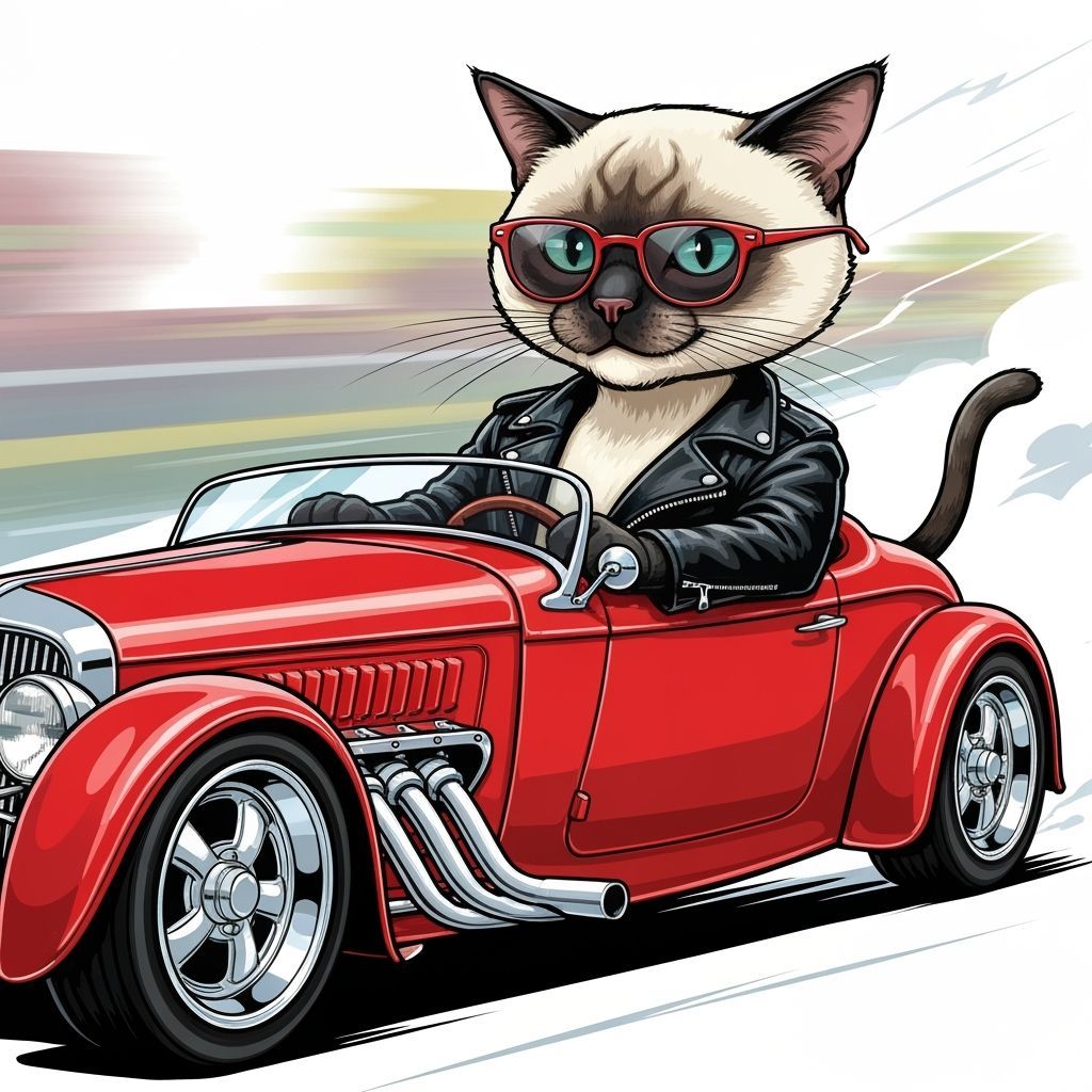 Cool Cat Drives Hotrod in Cartoon Illustration