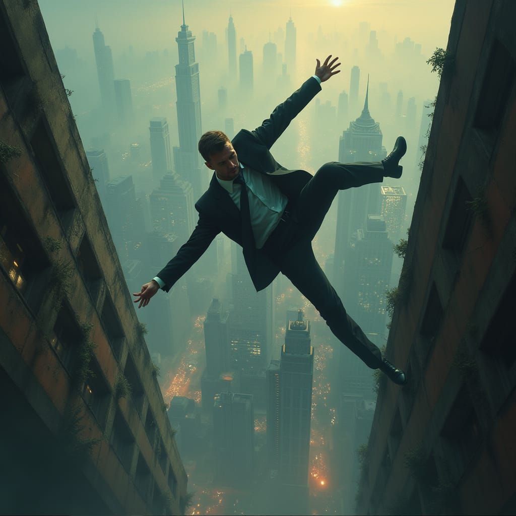 Man in Business Suit Falls Towards Cityscape