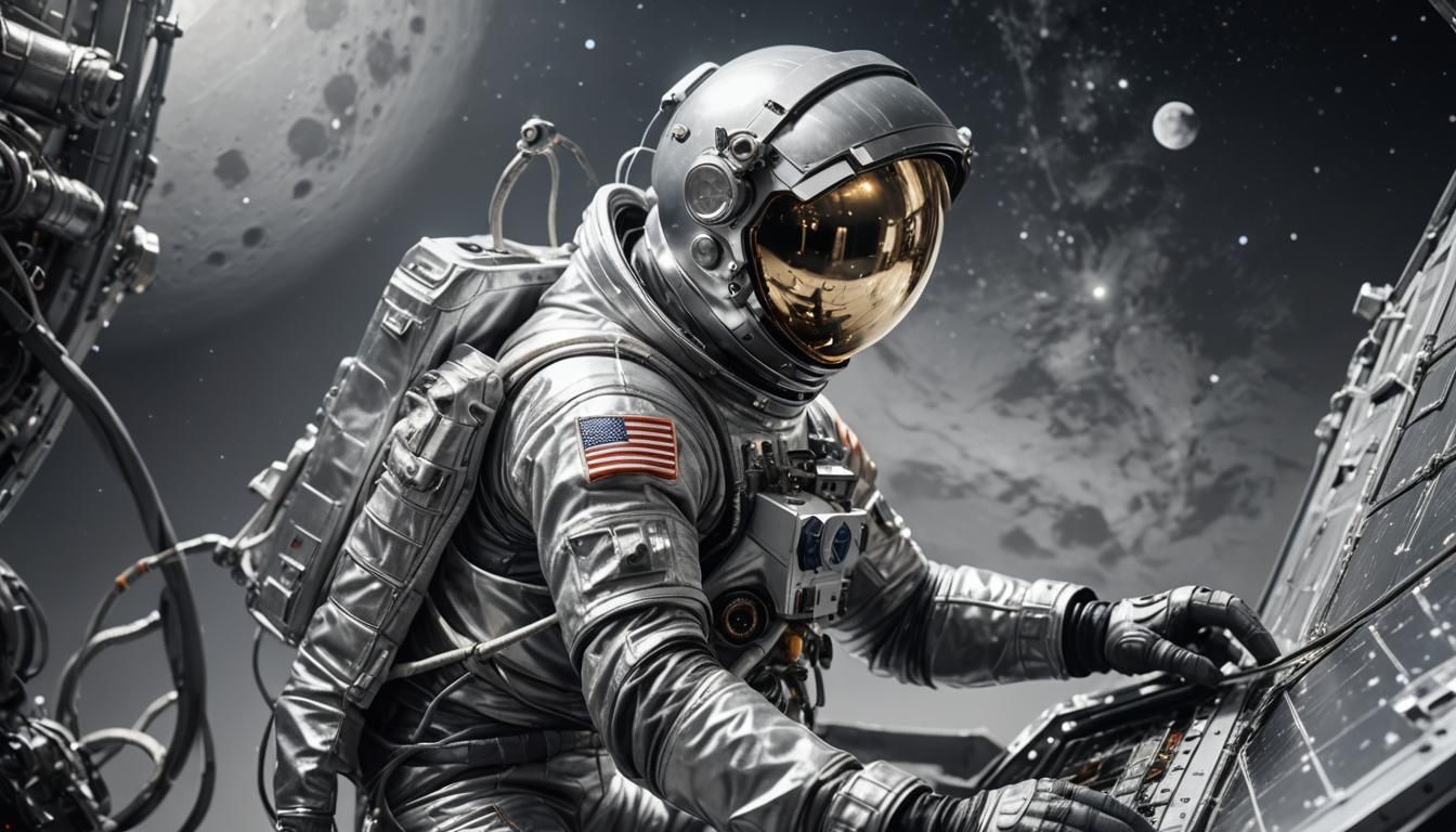 Astronaut Repairing Panel Outside Space Station in Sci-Fi Ar...