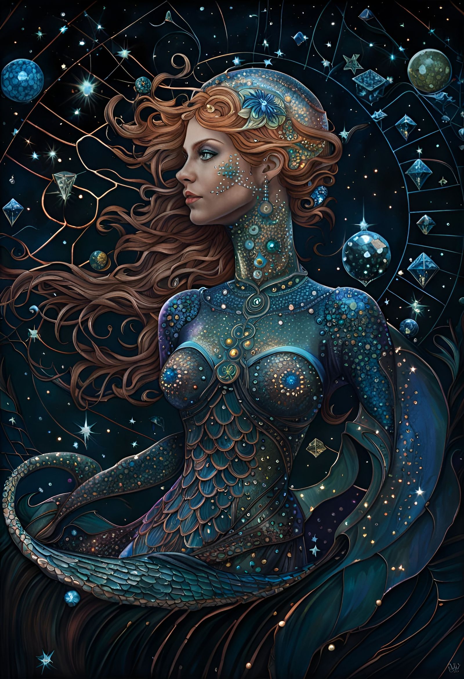 Celestial Mermaid Portrait with Copper Hair and Diamonds