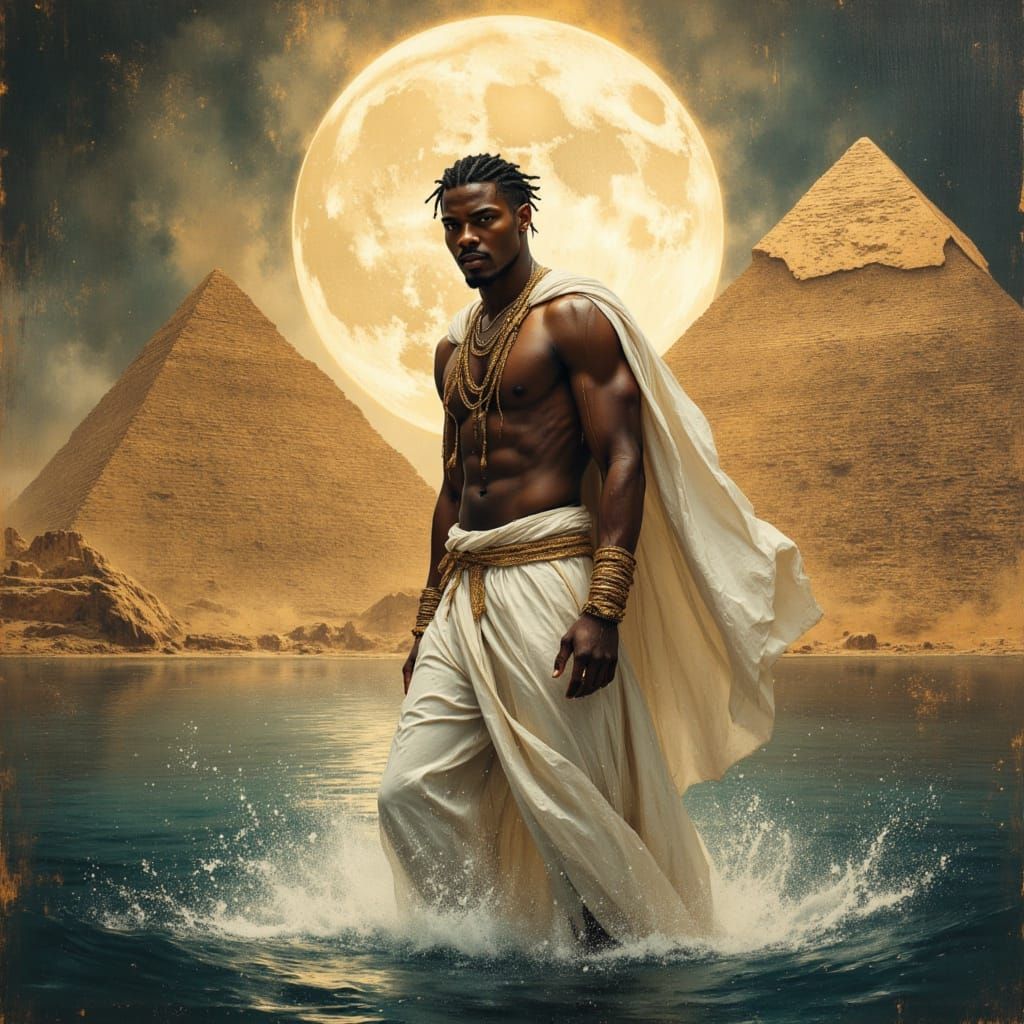 African God Emerges from Nile in Dramatic Oil Painting