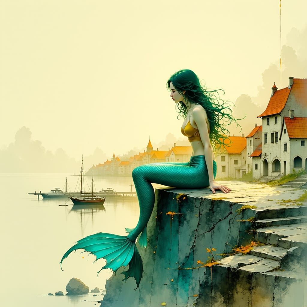 Merman Serene in Danish Harbor Watercolor