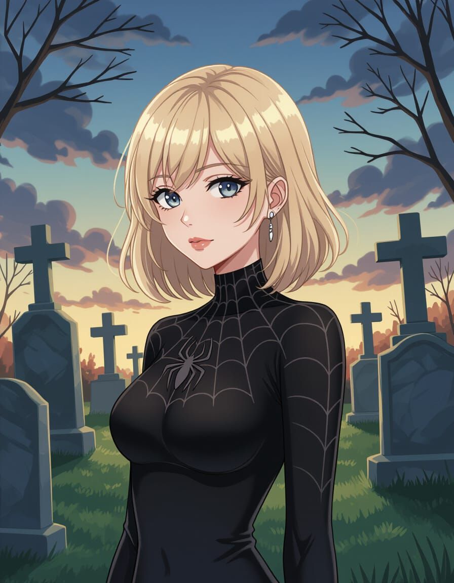 Manga Woman in Spiderweb Outfit at Cemetery