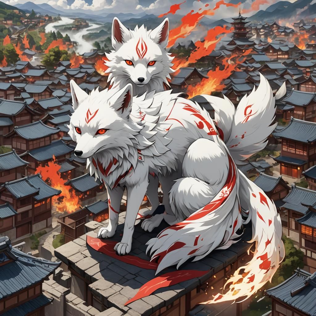 Ferocious Nine-Tailed Fox Overlooking Village in Anime Style