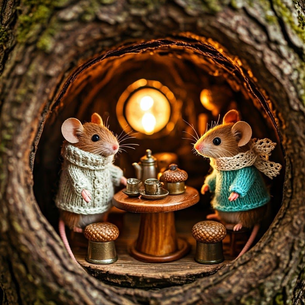 Mouse Family Tea Party in Cozy Tree Hollow