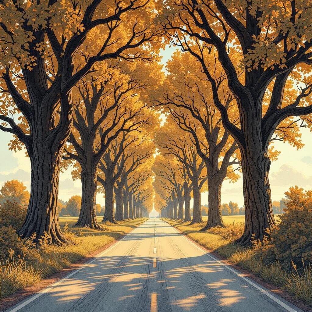 Country Road in Pen and Ink Drawing Style