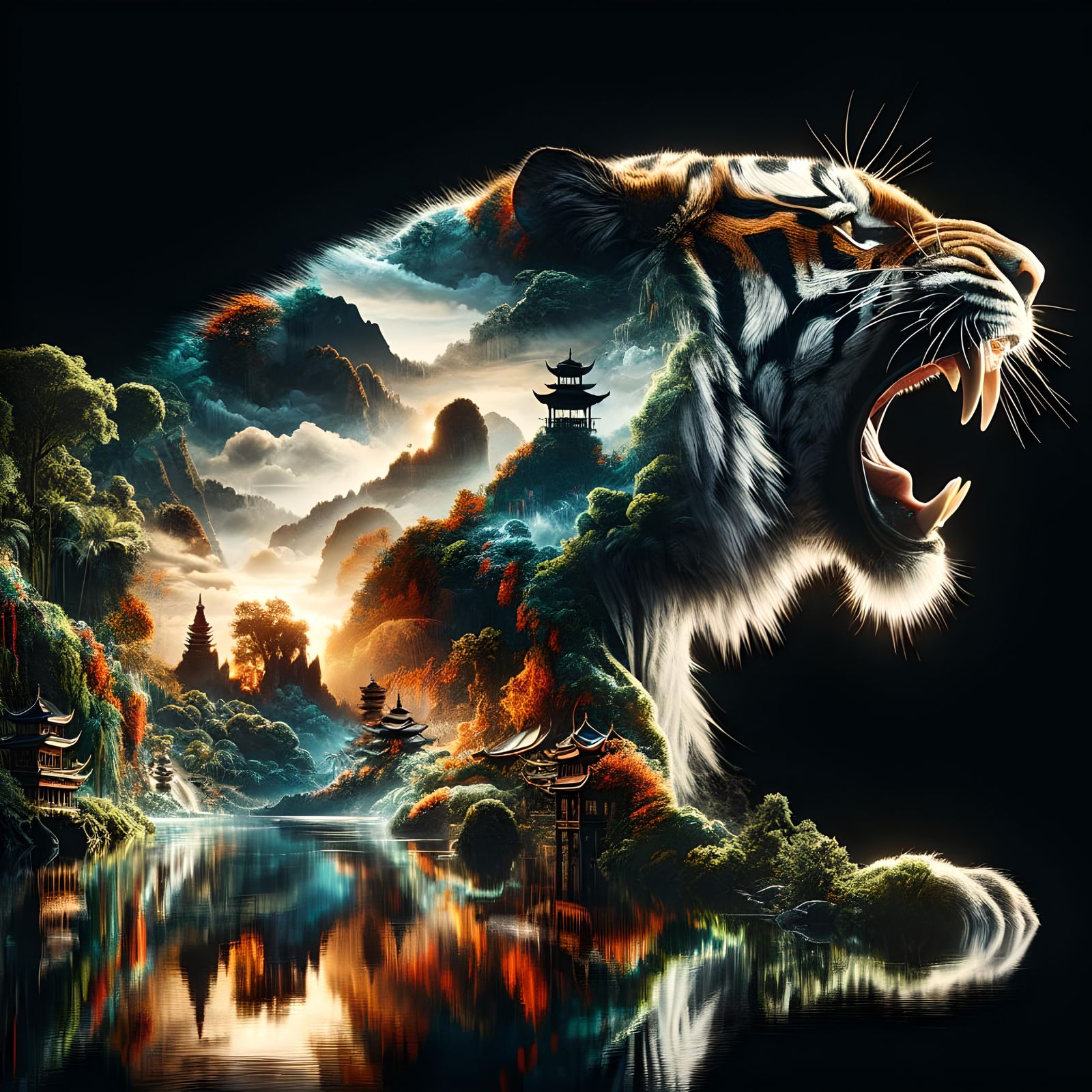 Roaring Tiger Silhouette in Jungle Double Exposure