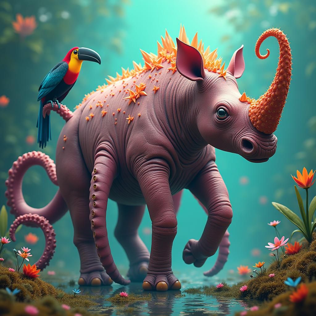Rhino-Octopus-Toucan Hybrid in Dreamlike Surreal Setting