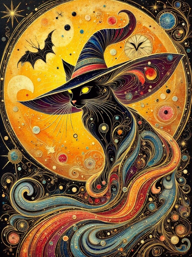 Abstract Witch Cat in Halloween Colors