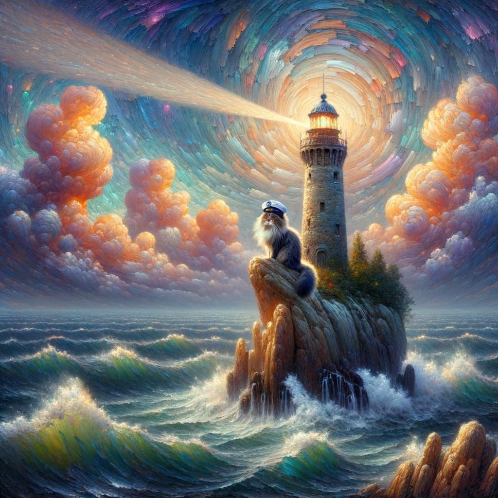 On a remote, rocky island, a towering lighthouse stands sent...