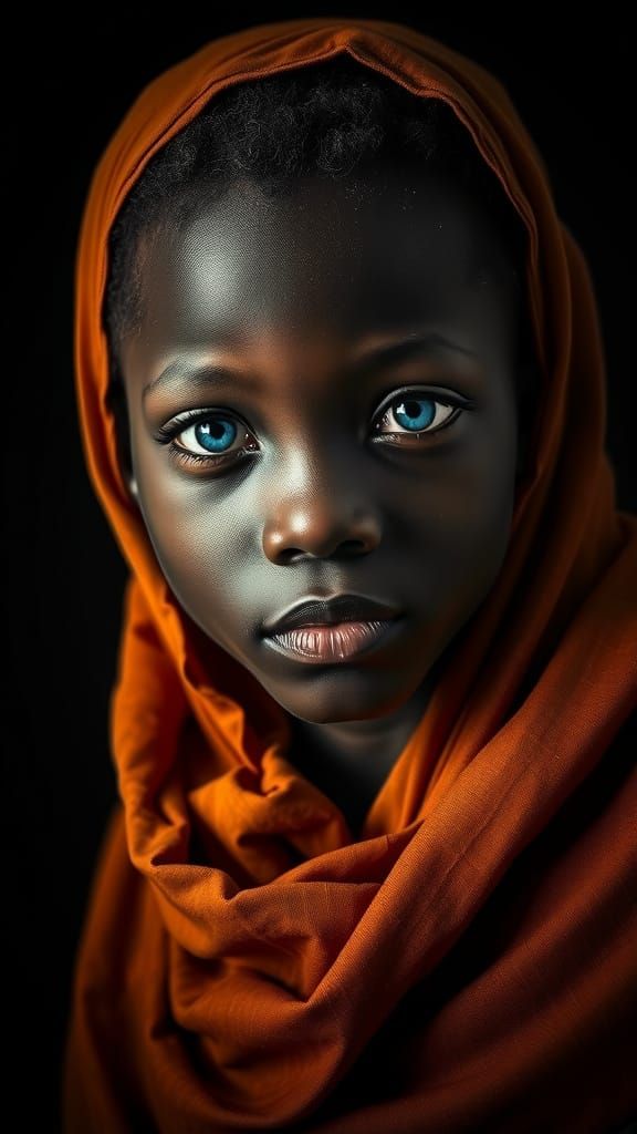 Vintage-Inspired Portrait of a Young African Girl with Azure...