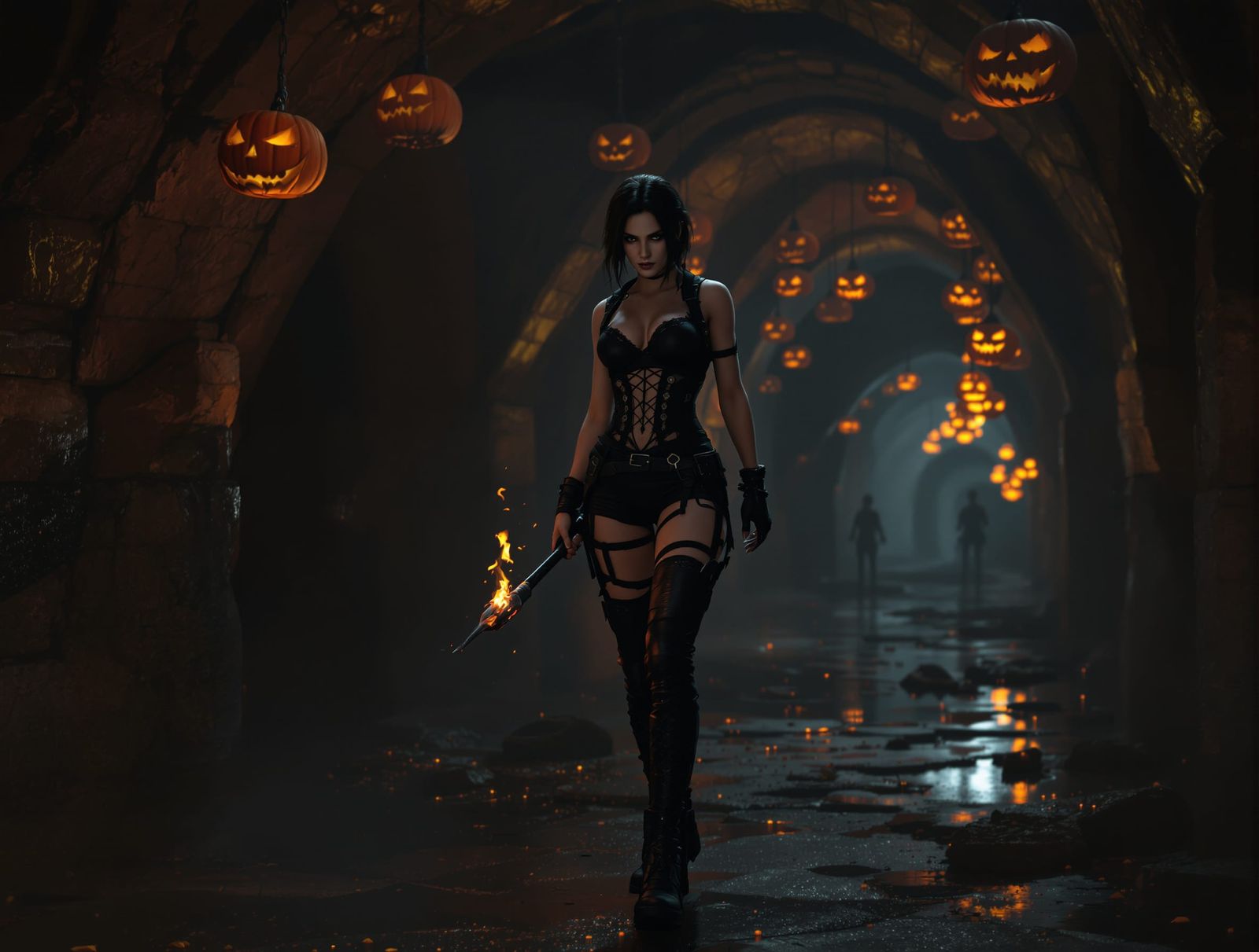 Gothic Lara Croft with Torch in Crypt