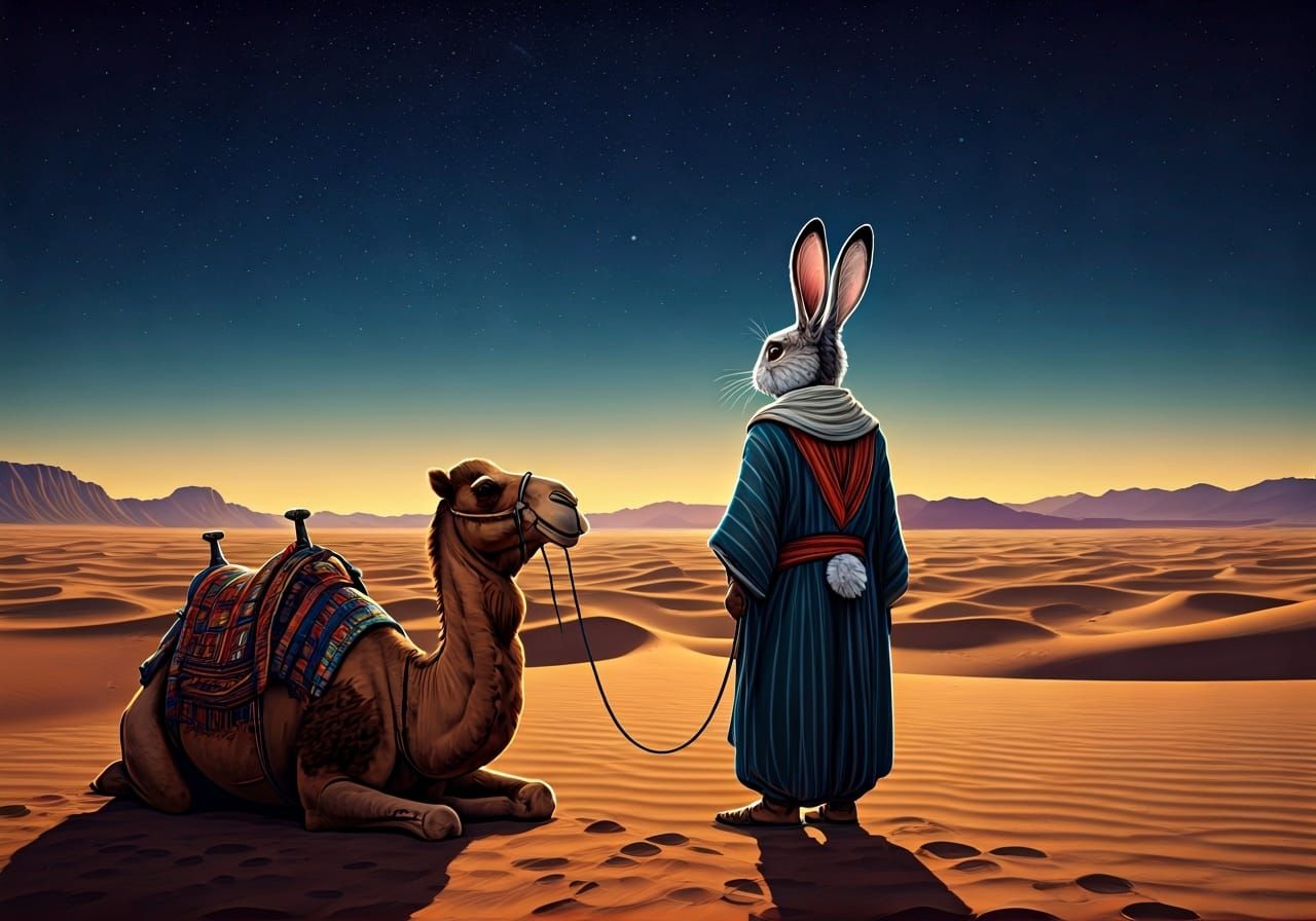 Rabbit Bedouin Gazing at Sahara Twilight: Digital Painting