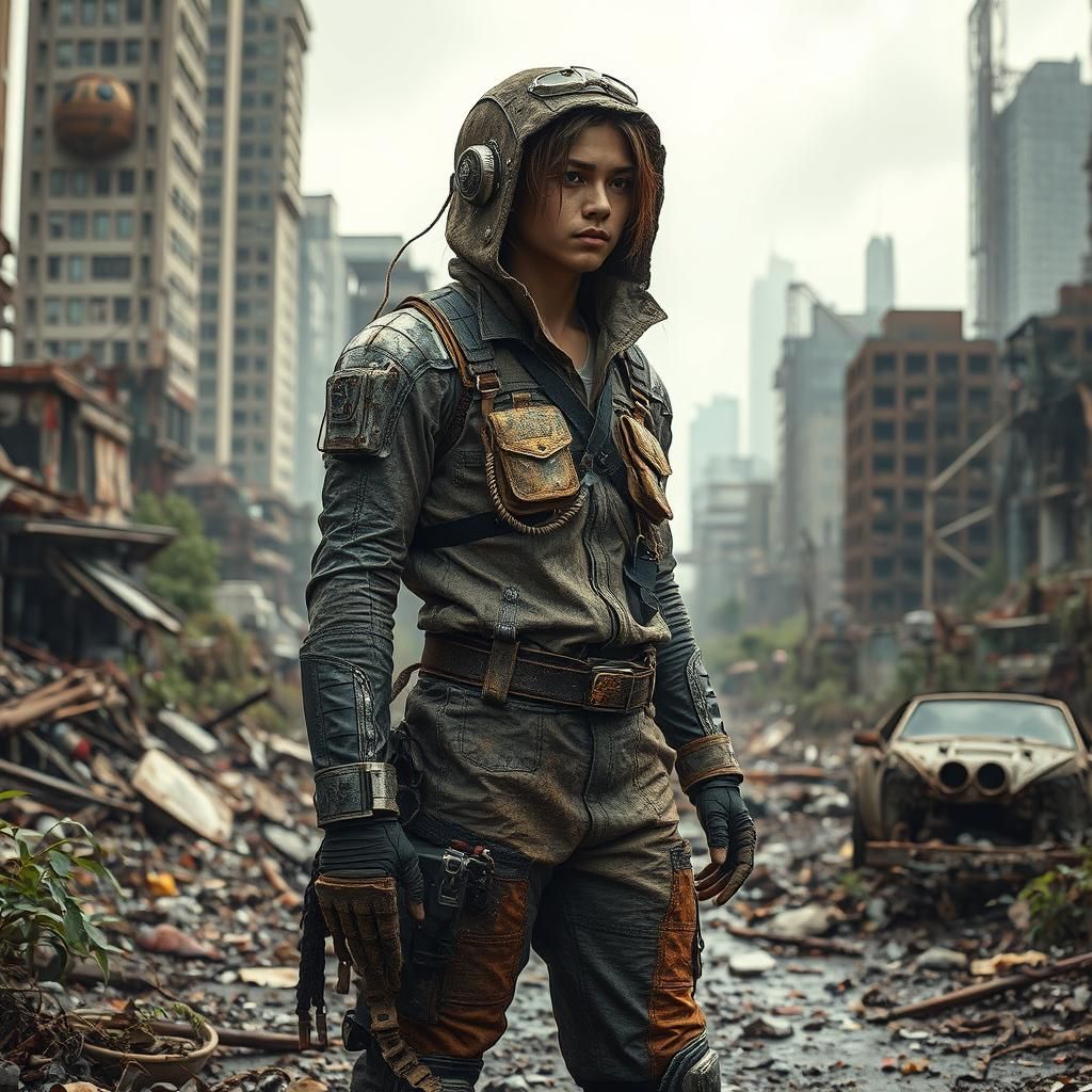 Time Traveler in Dystopian Future Cityscape