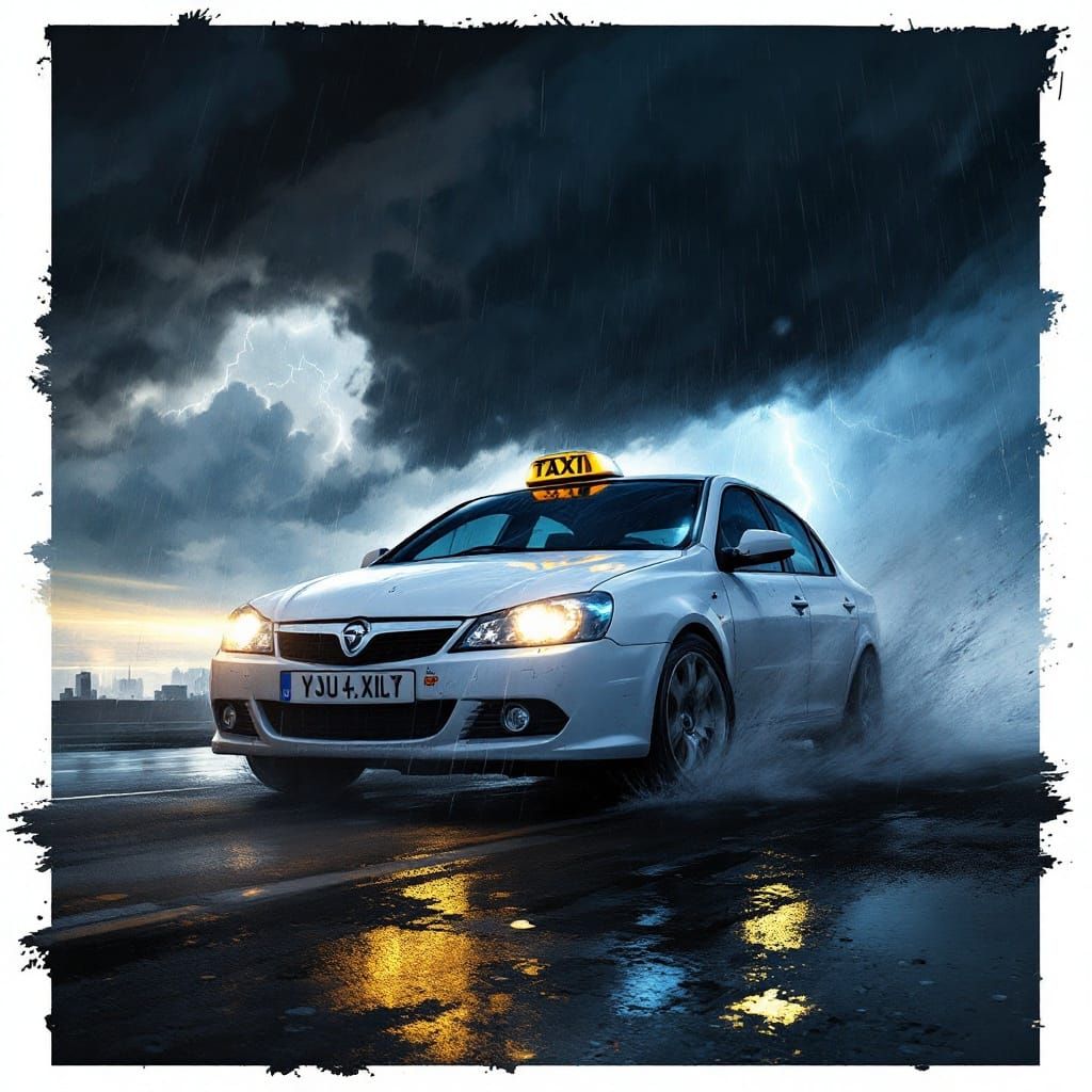 Stormy Taxi Chase in a Moody, Atmospheric Scene