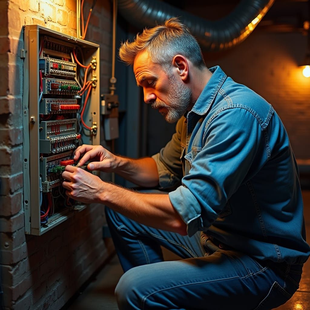 Electrician Repairs Fuse Box in Basquiat-esque Style