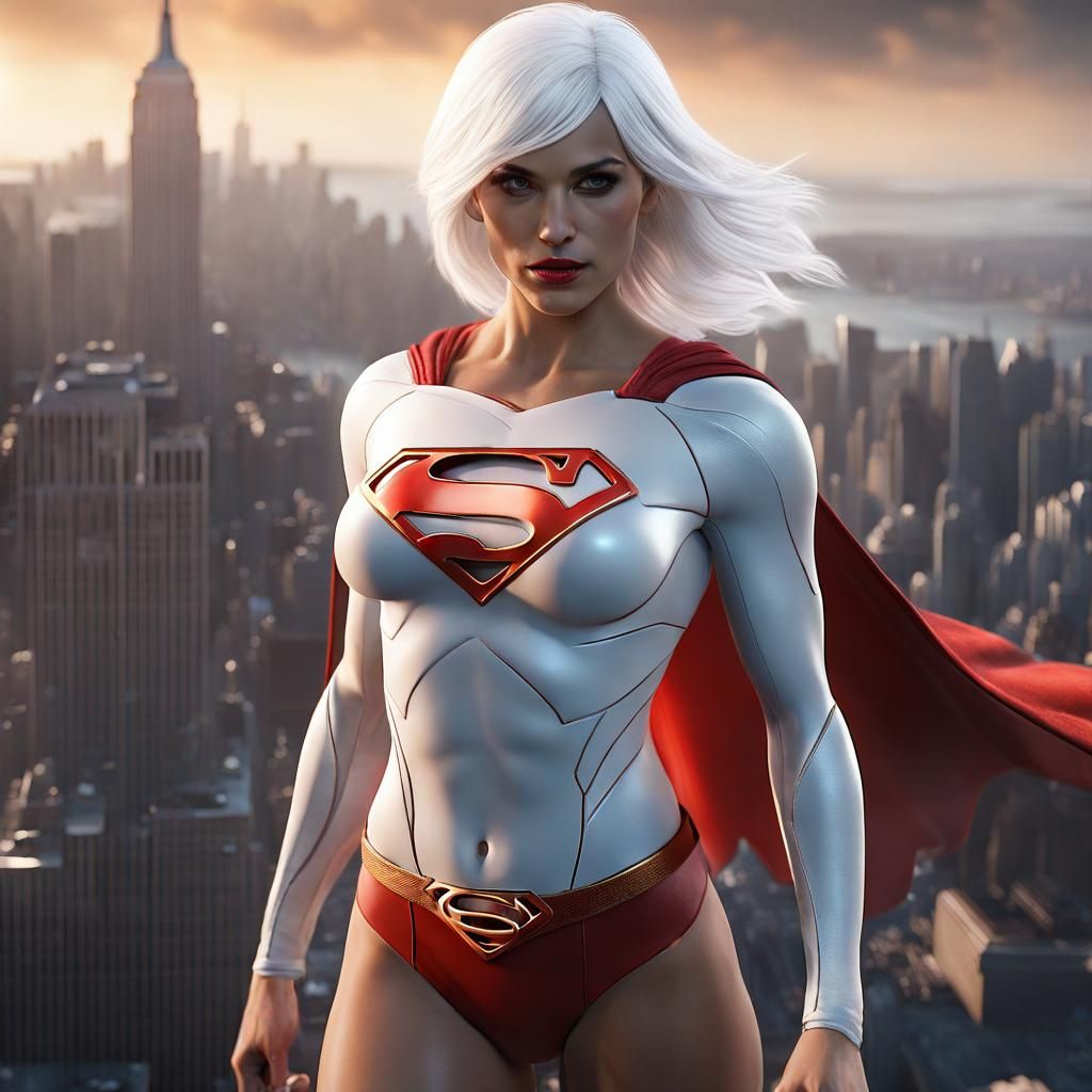 Supergirl with White Hair Flies over New York