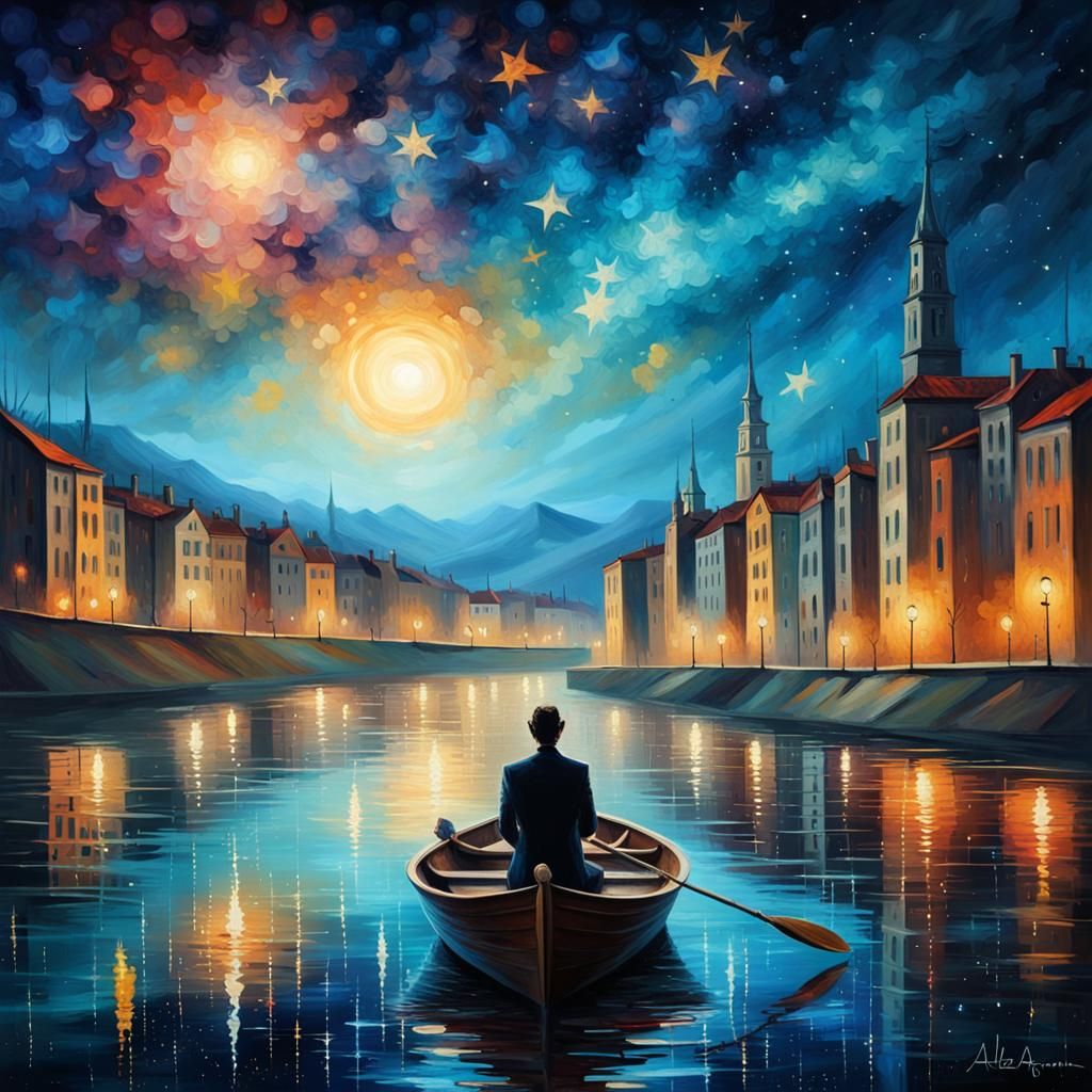 Fantastical Riverside Cityscape with Starry Sky