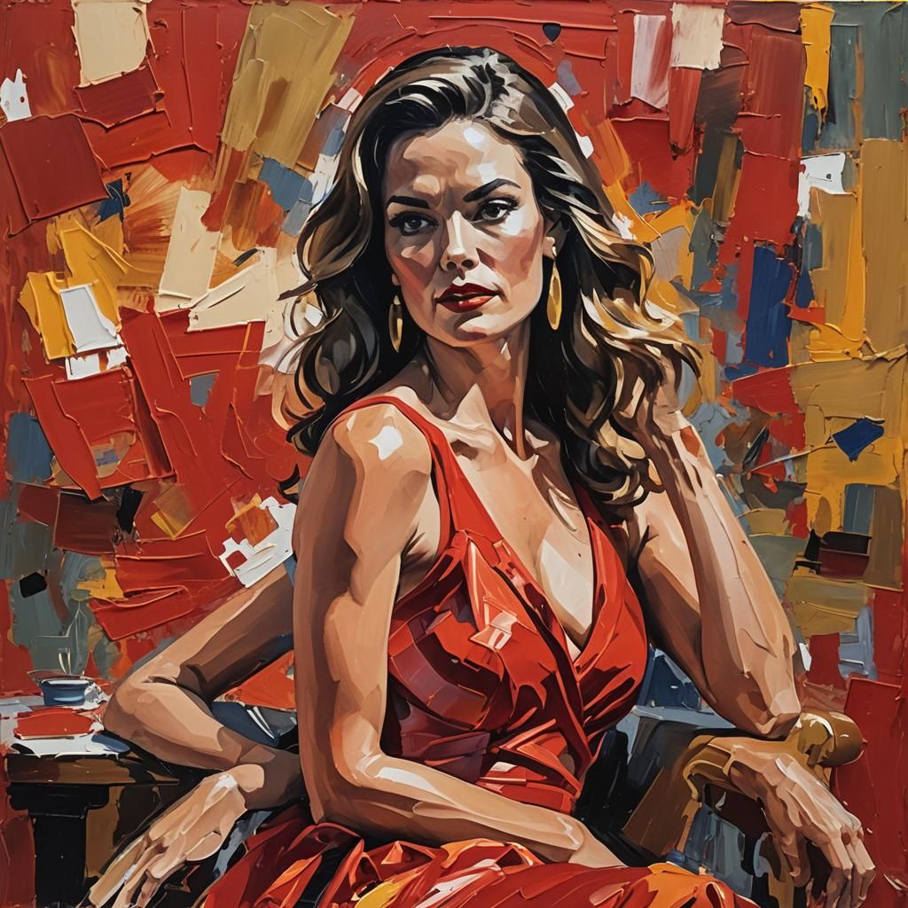 Playboy Model in Red Dress as Gouache Painting