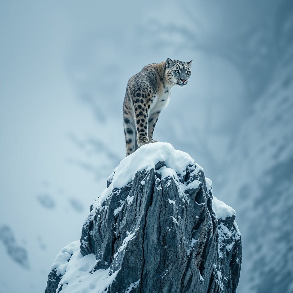 Snow Leopard Silhouette on Frosty Mountain Peak