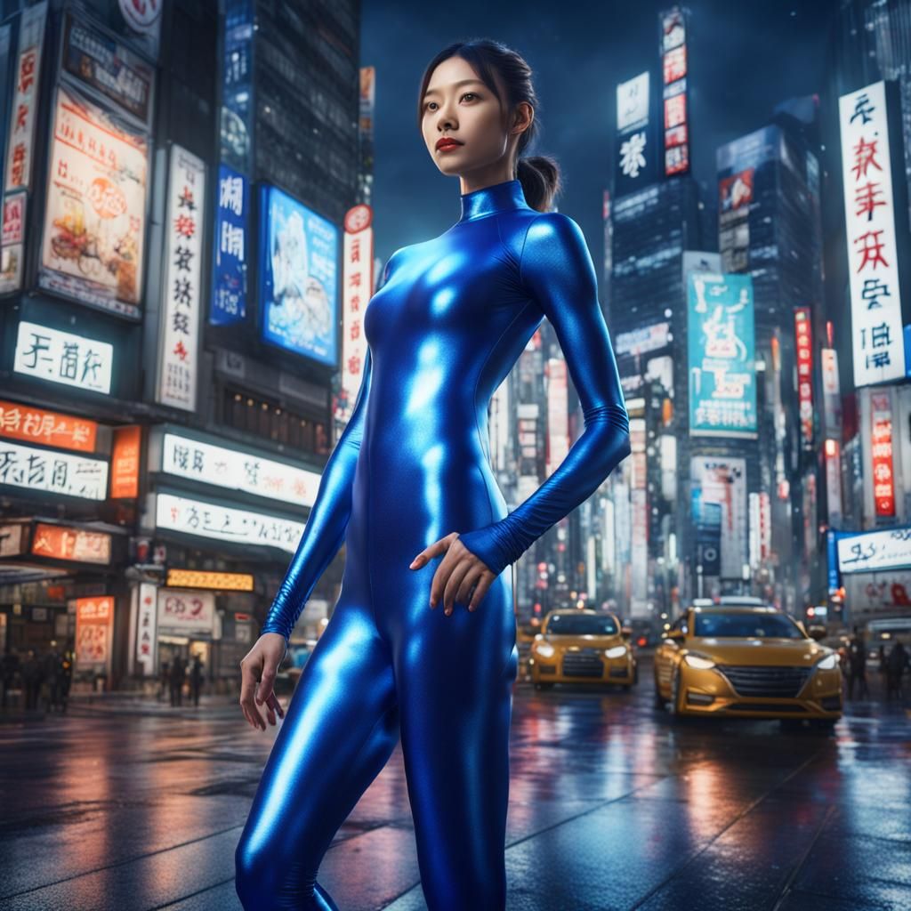 Woman in Blue Spandex Suit in Tokyo