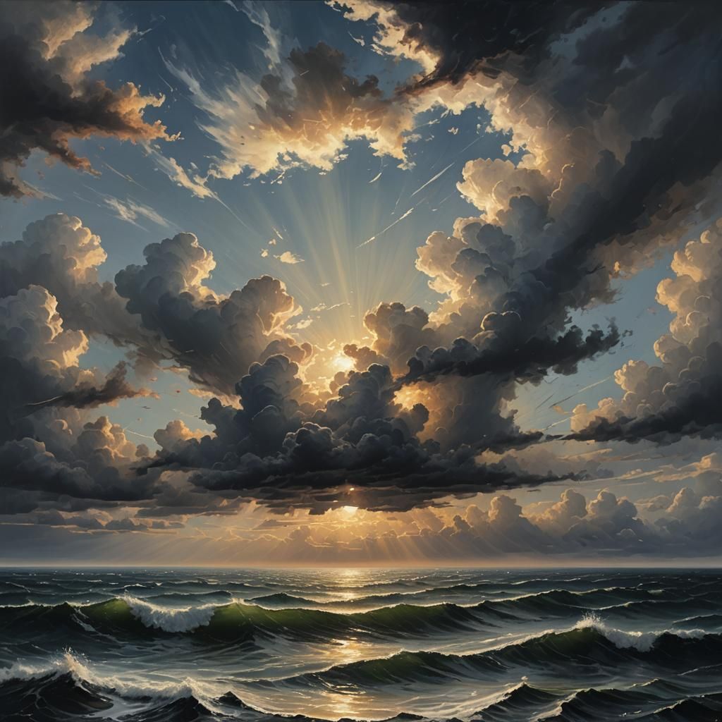 Moody Oil Painting of Sunlight Breaking Through Clouds