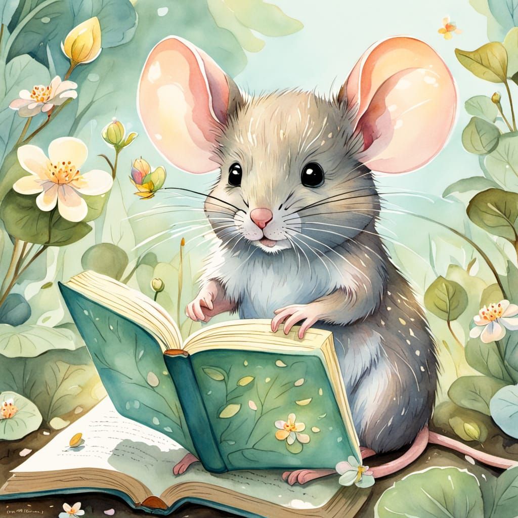 Mouse Reading Book in Woods, Pastel Illustration