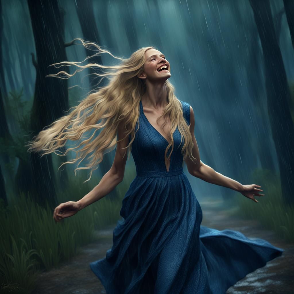 Woman Dancing in Rainy Forest Clearing: Fantasy Art