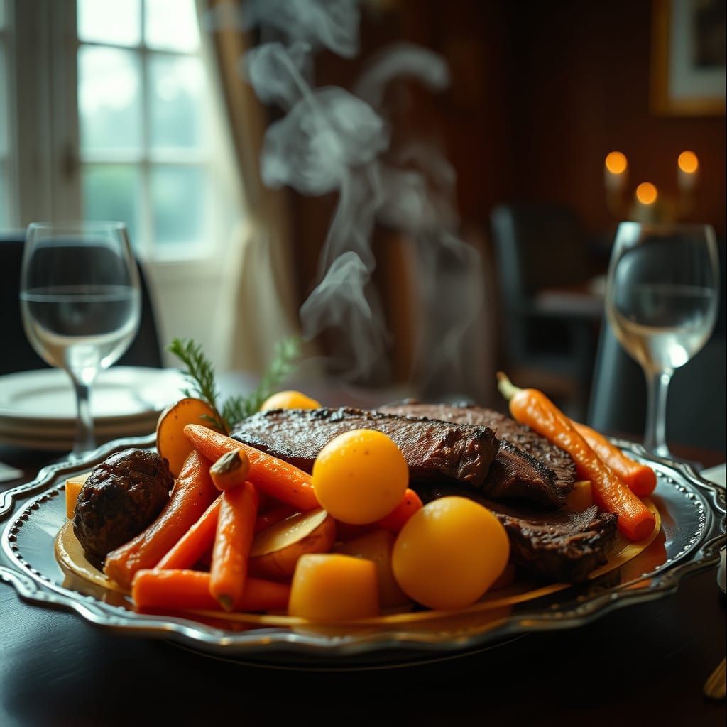 Cinematic Roast Beef Dinner in Golden Light