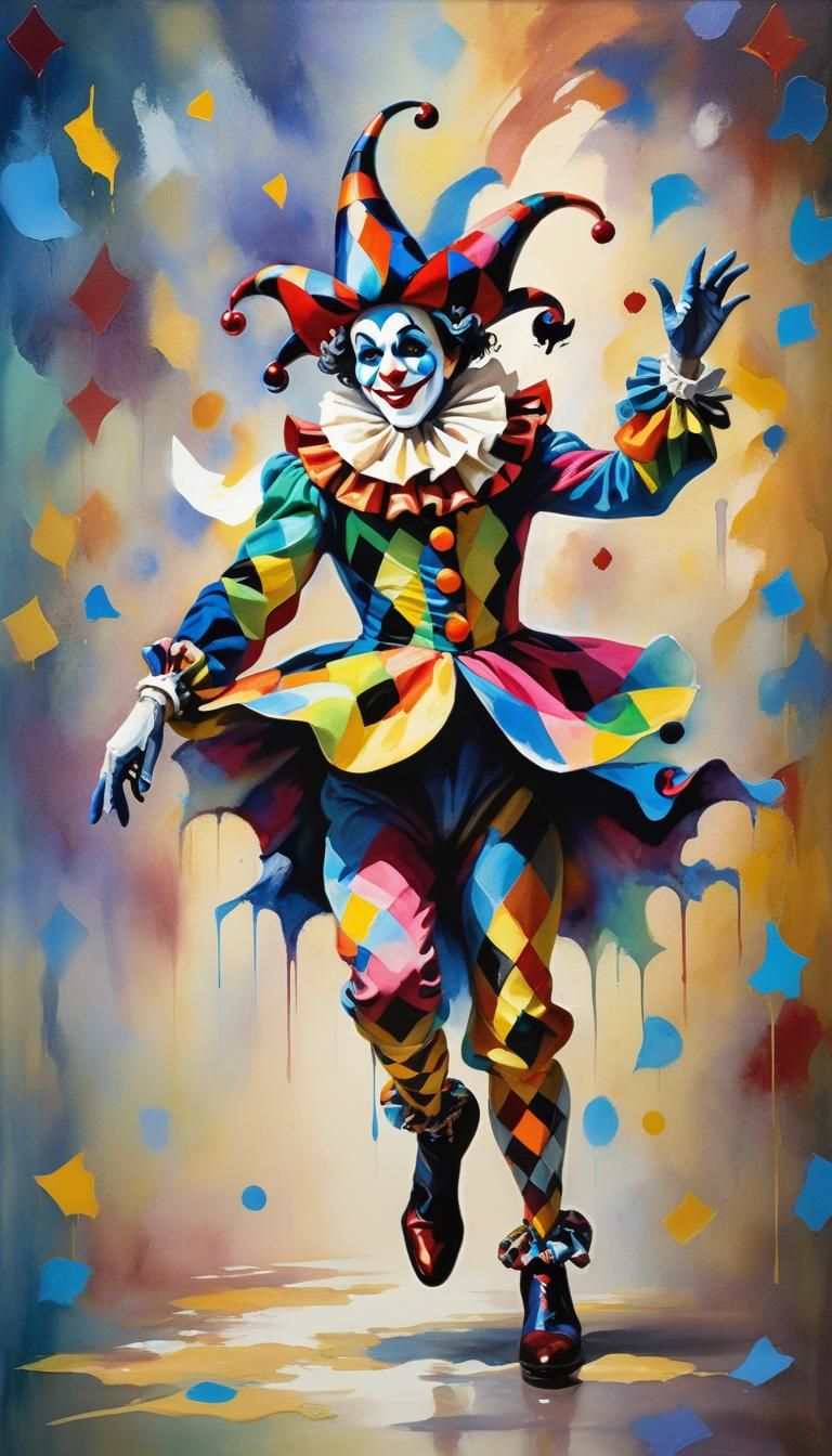 Harlequin Jester in Impressionist Gouache and Watercolor