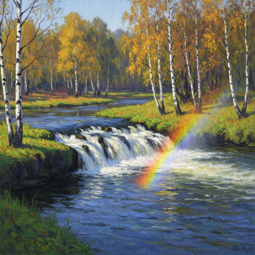 Impressionist Waterfall in Autumn Birch Forest