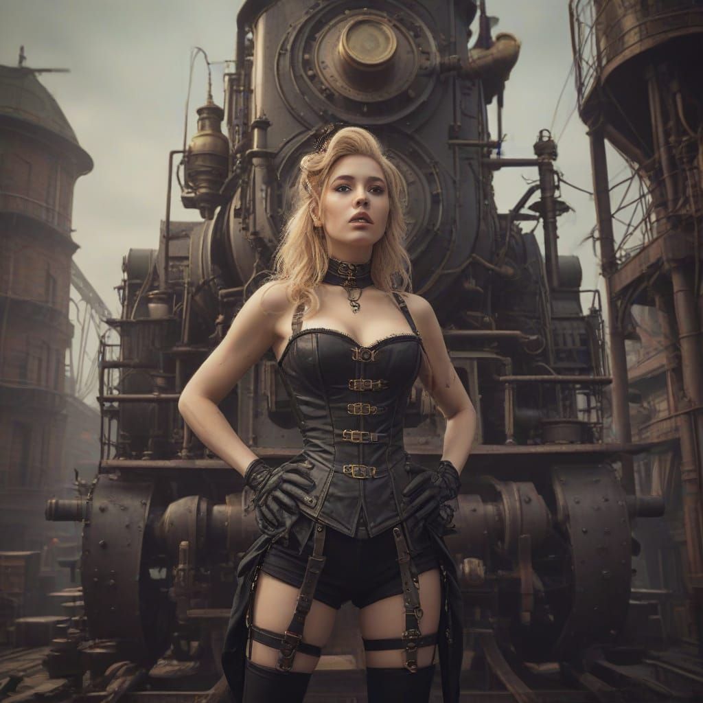 Sultry Steampunk Beauty in Victorian Corset and Leather Boot...
