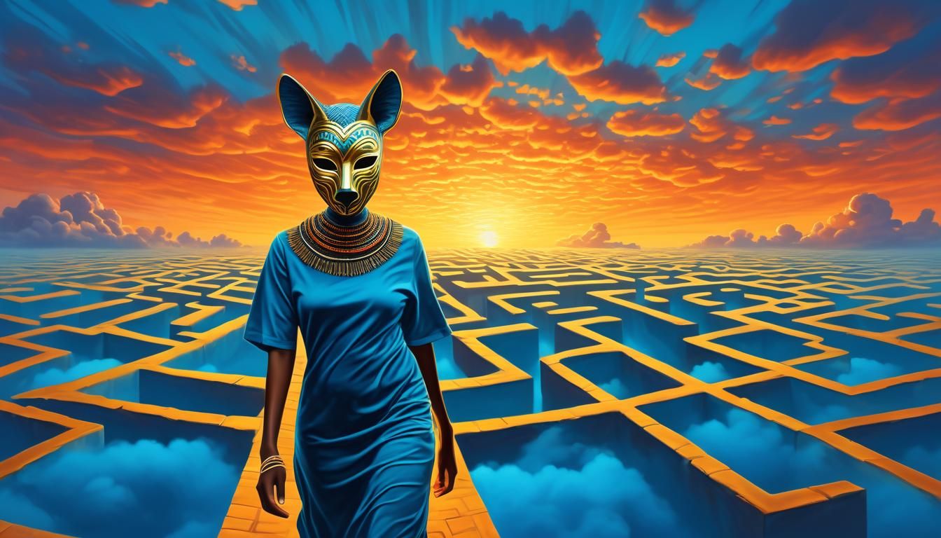 Surreal Woman in Maze with Jackal Mask