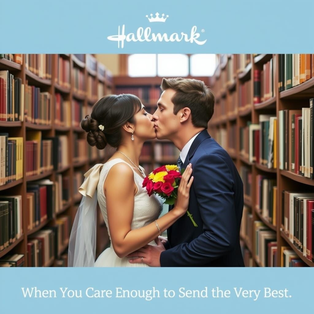 Romantic Kiss in Library Setting