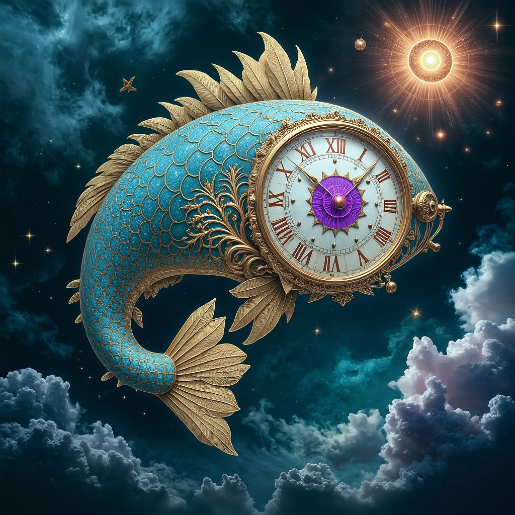 Ethereal Steampunk Clock-Fish Soars Among Cosmic Clouds