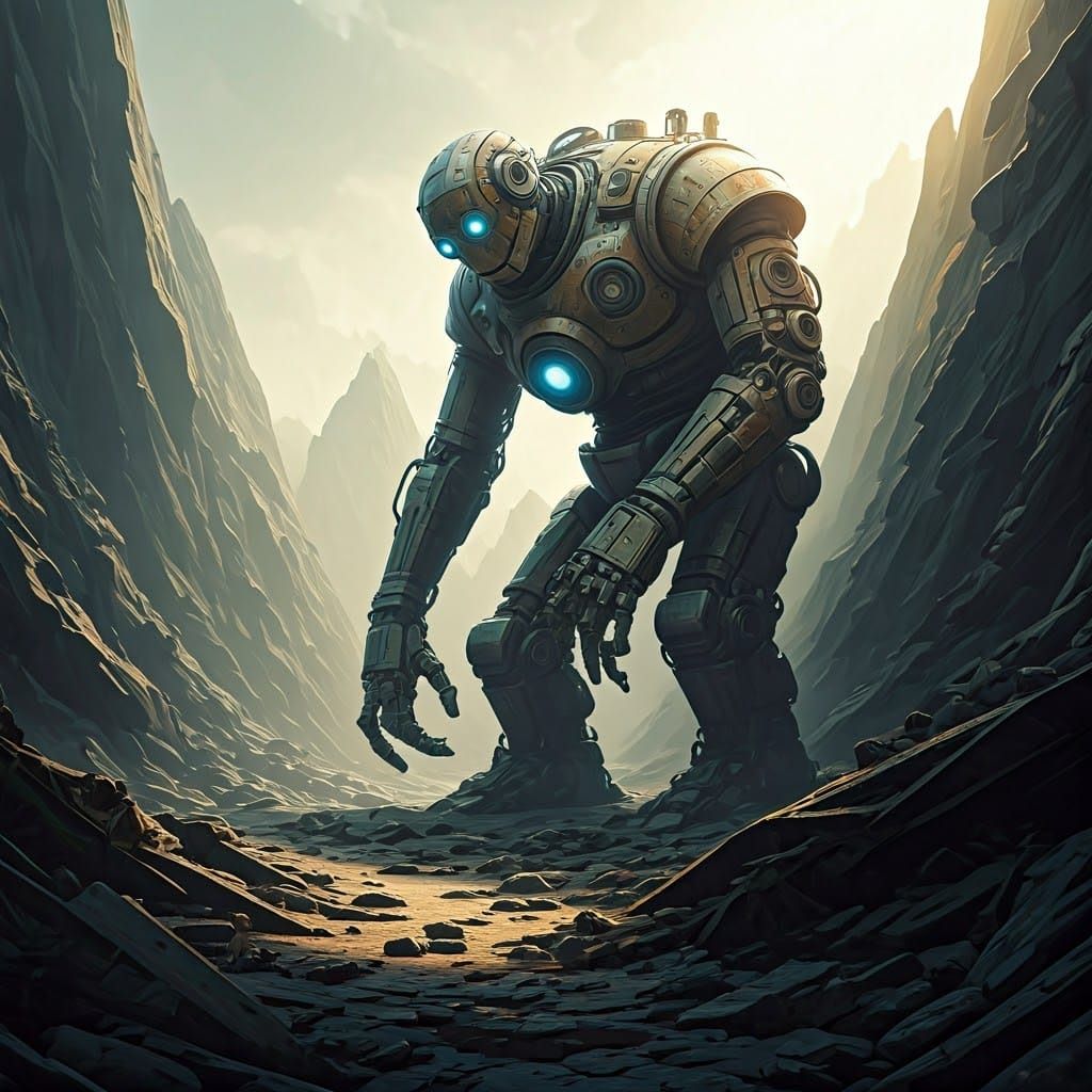 Benevolent Scrap Metal Cyborg in Post-Apocalyptic Junkyard