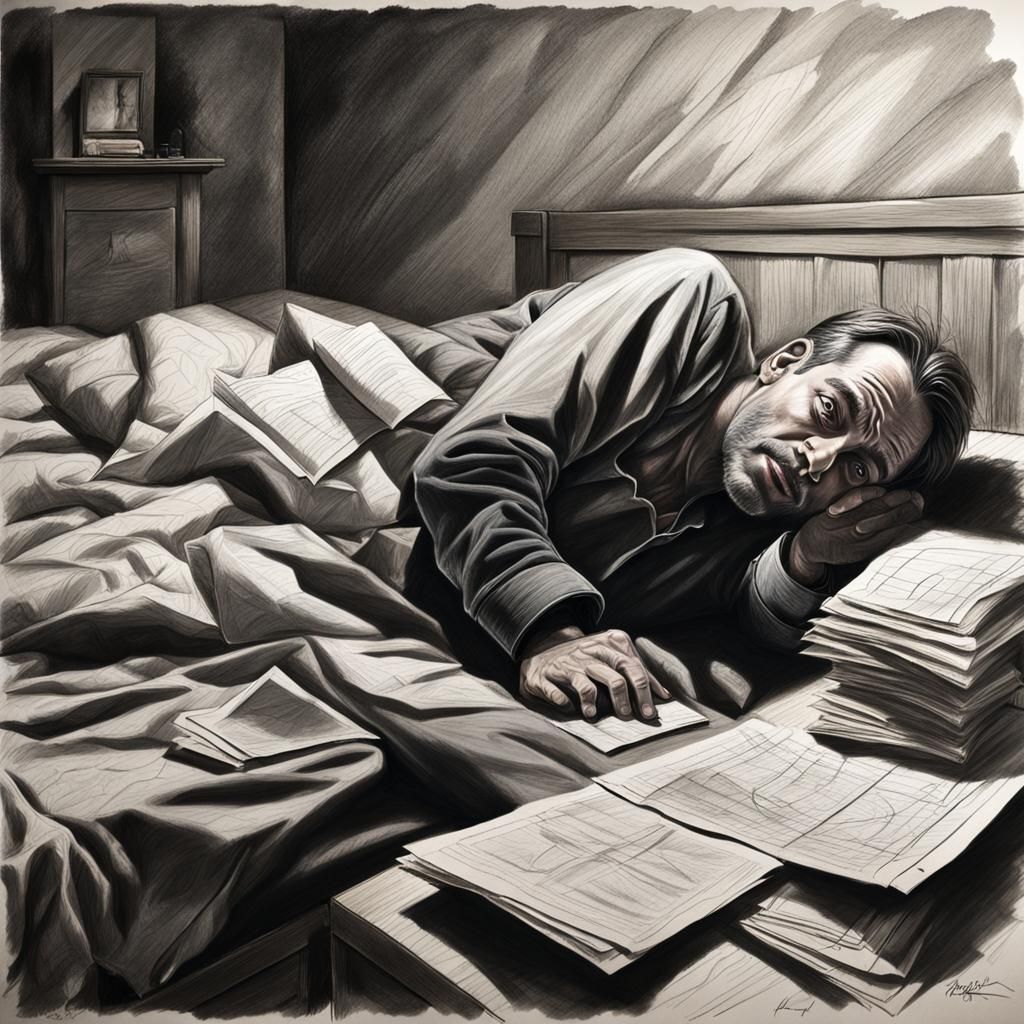 Hyper-Realistic Charcoal Drawing of Man on Bed