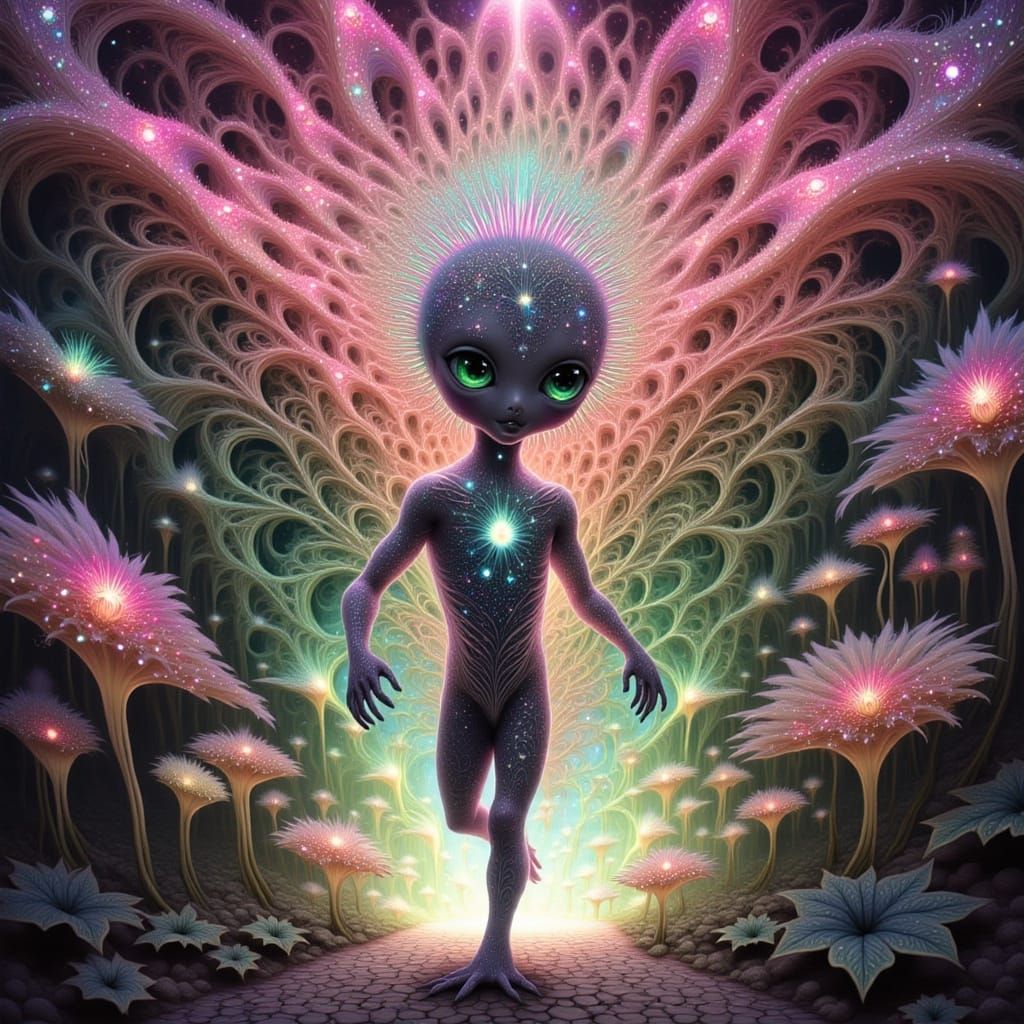 Ethereal Alien Encounter in a Cosmic Garden