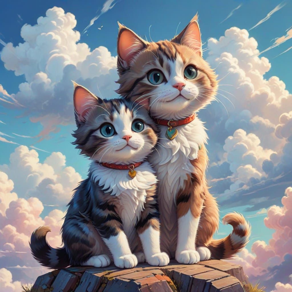Adorable Cartoon Cat Couple in Playful Romantic Getaway