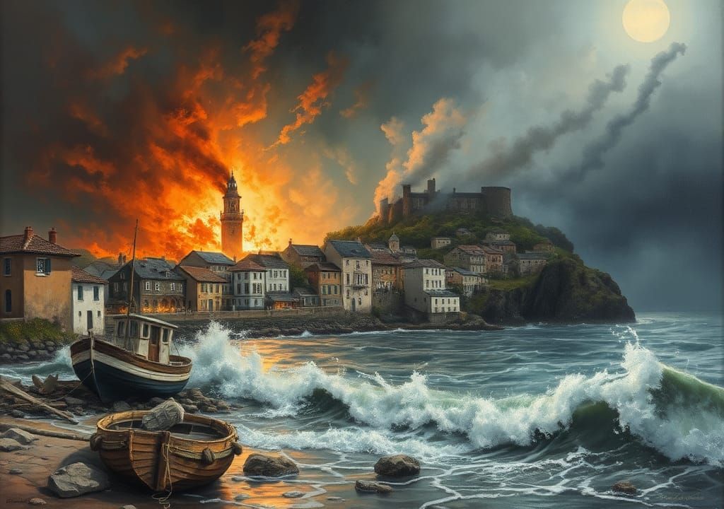 Stormy Seas Threaten Quaint Fishing Town: Oil Painting