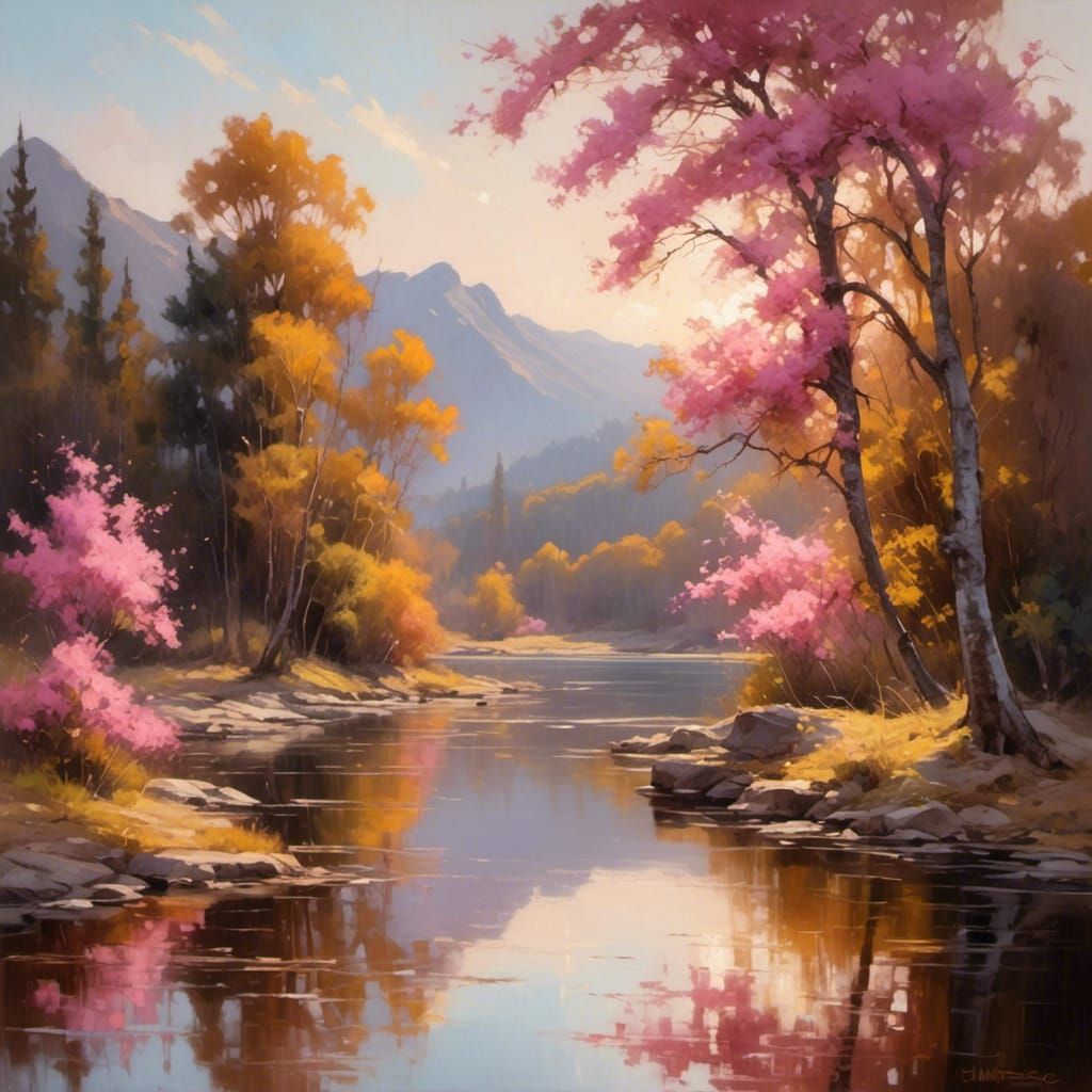 Sunrise Landscape Painting with Pink and Gold Hues