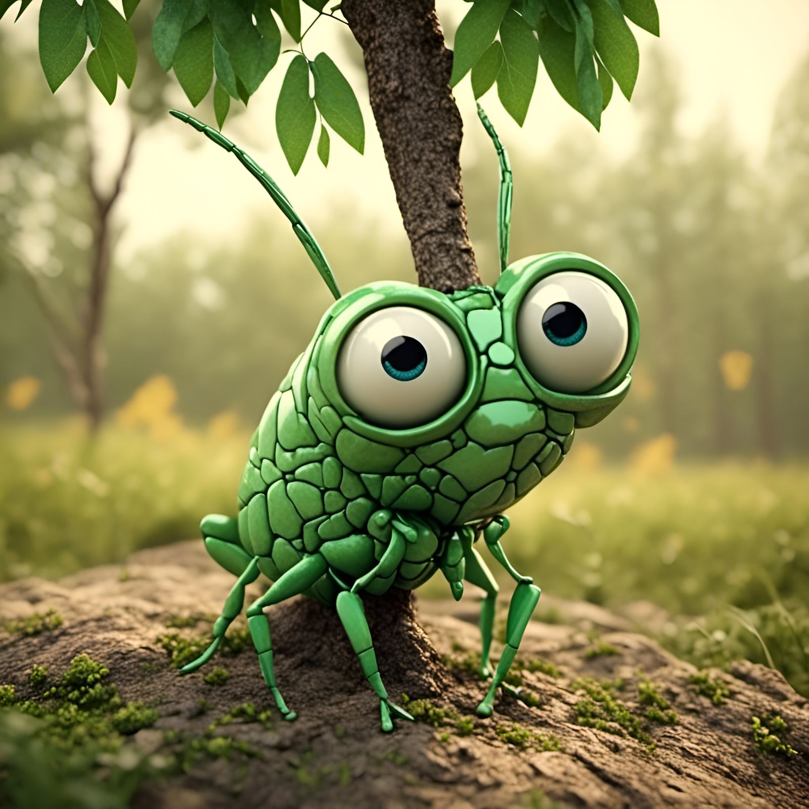 Grasshopper with Big Eyes on Tree in 3D