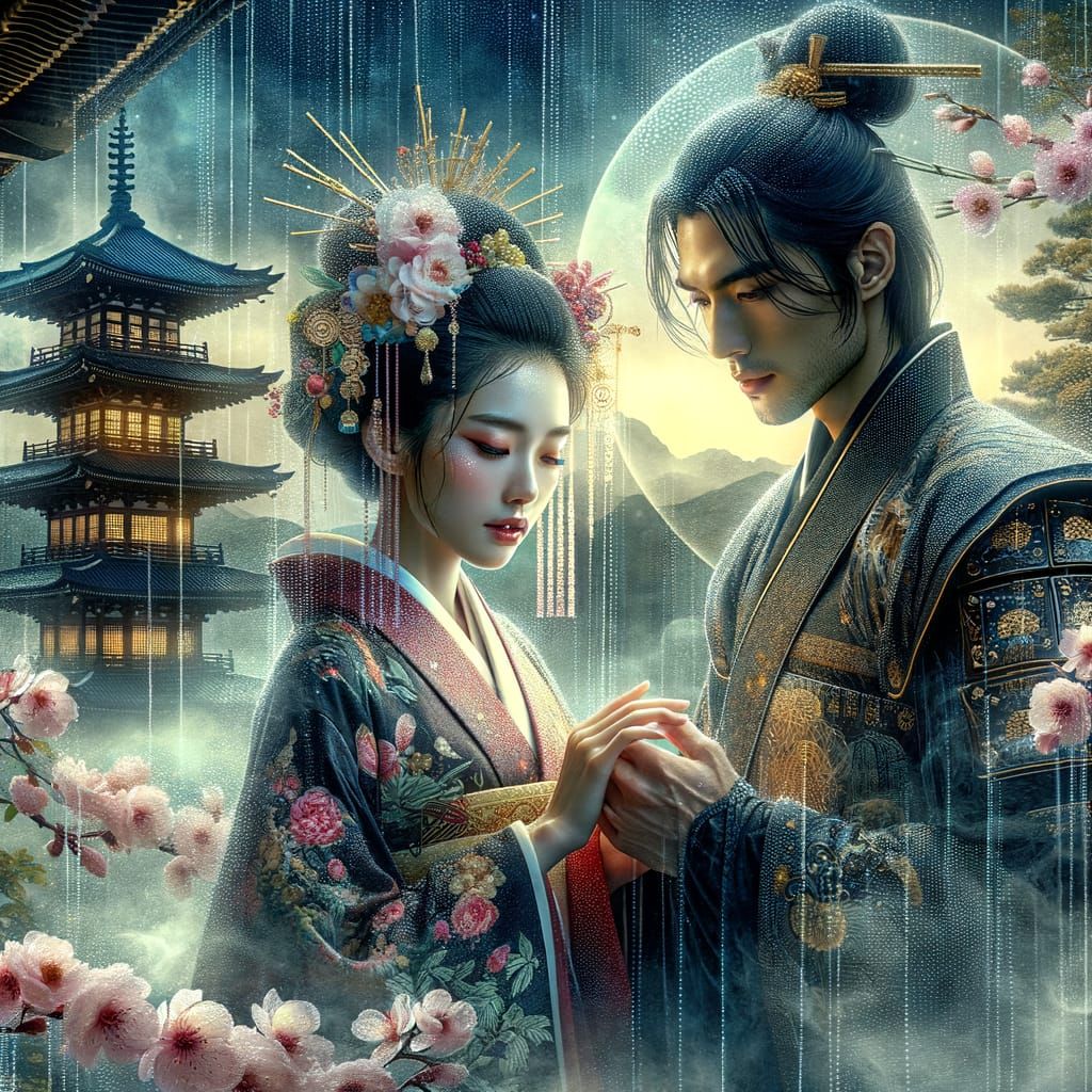 Samurai and Geisha in Double Exposure Watercolor Style