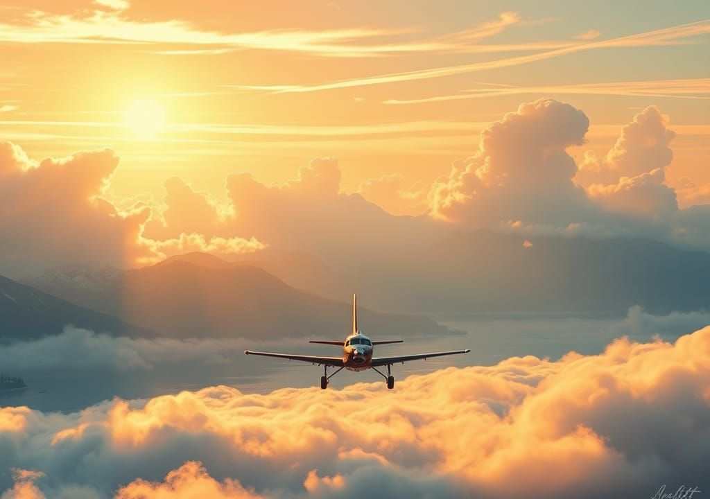Golden Hour Airplane Soaring Through Dreamy Landscape