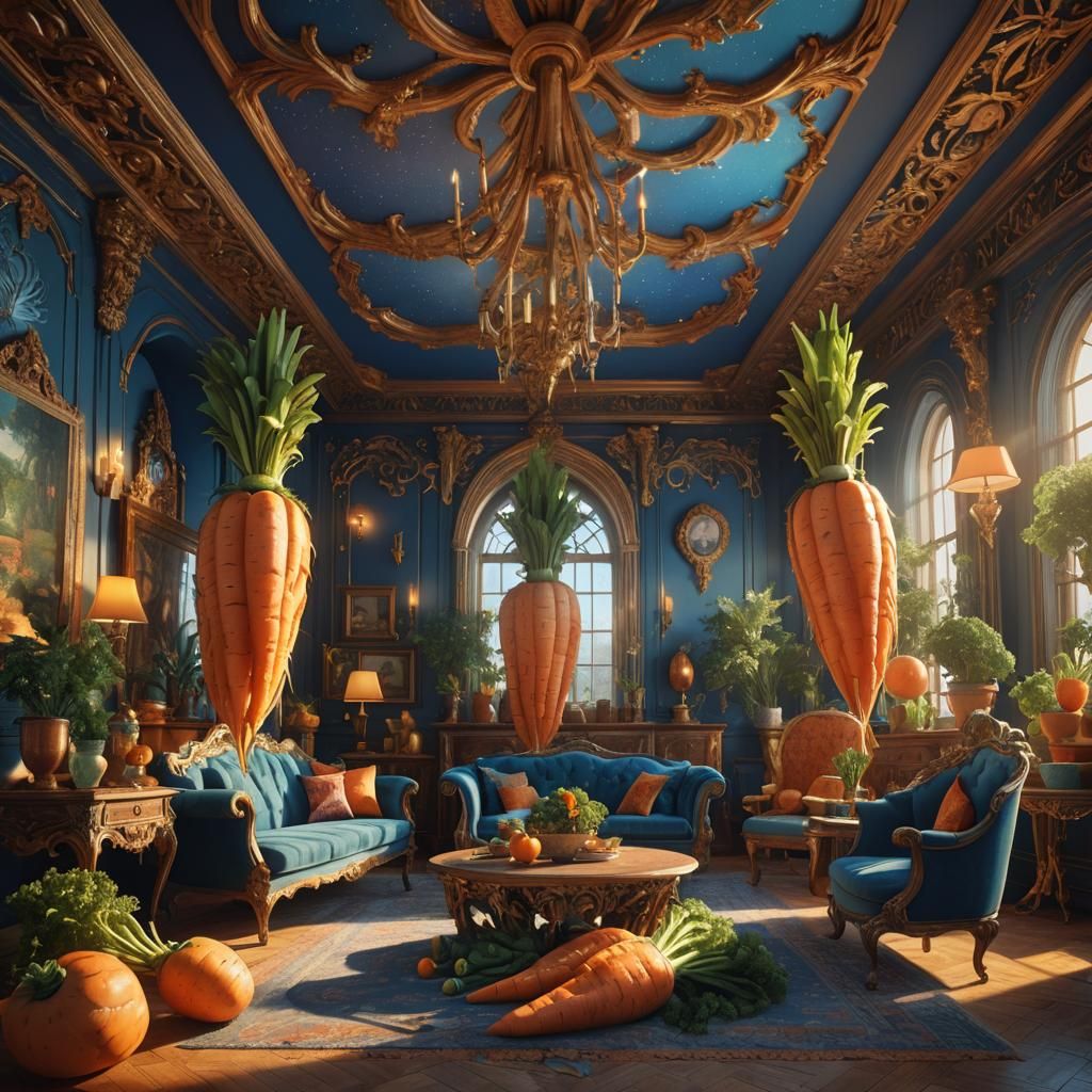 Giant Carrots in Ornate Living Room, Digital Art